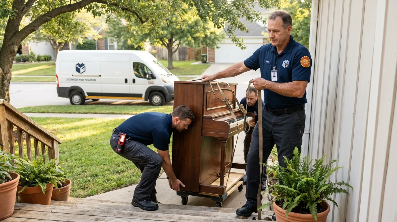 Licensed piano movers securing grand piano in Deer Park, NY