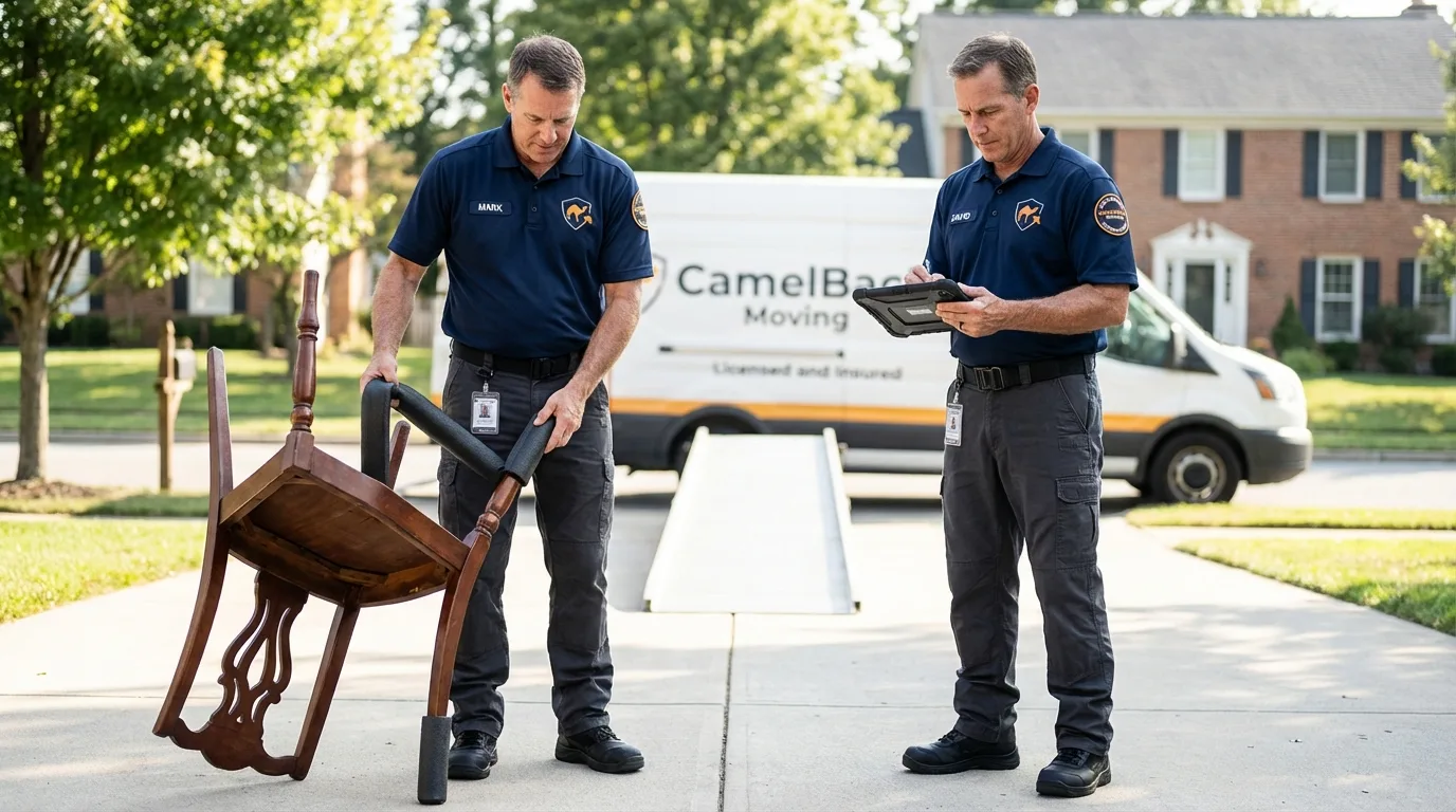 Movers inspecting furniture for damage prevention before loading in Deer Park, NY