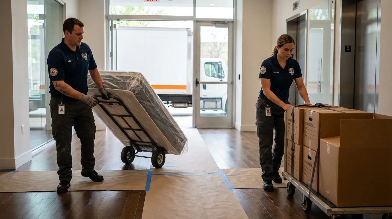 Professional apartment movers loading elevator in Deer Park, NY