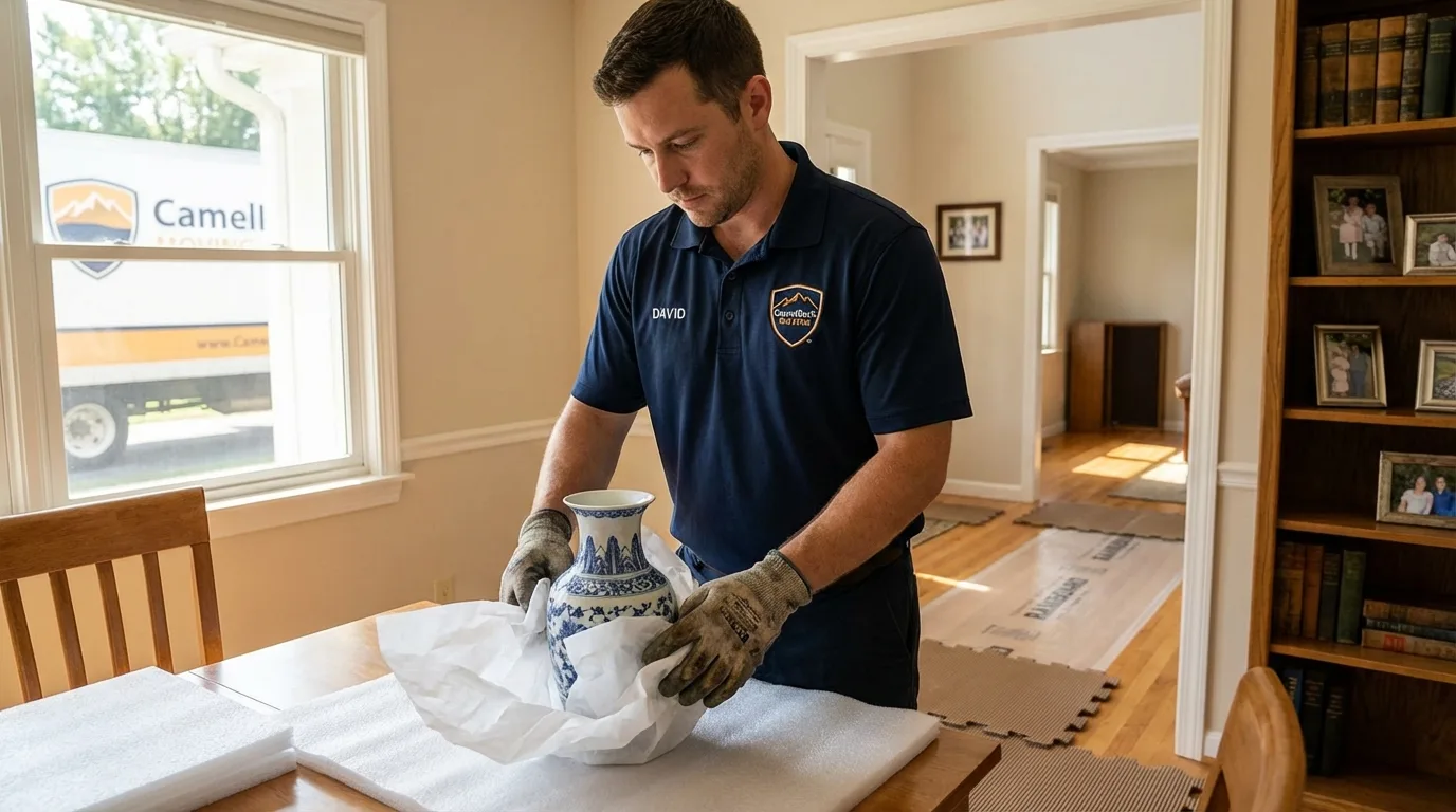 Professional crew carefully wrapping antique vase for senior downsizing move in Deer Park, NY