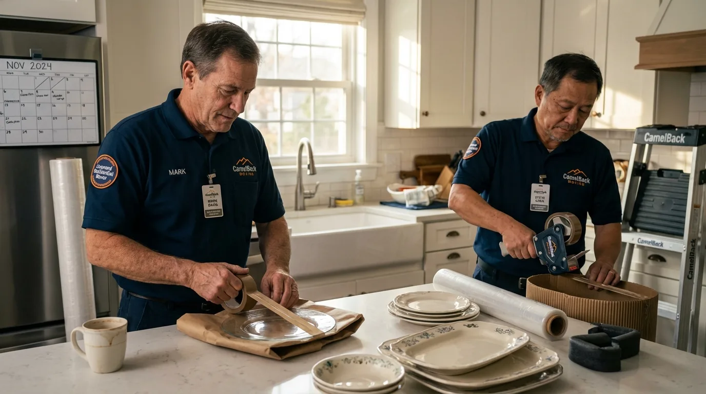 Professional crew packing kitchen dishware in Deer Park, NY